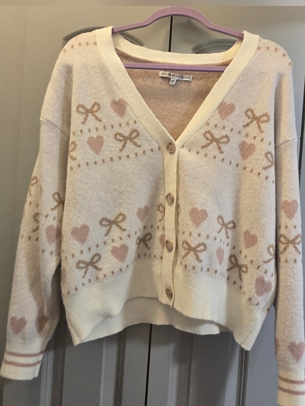 Celebrity Pink Heart-Print V-Neck Button Cardigan